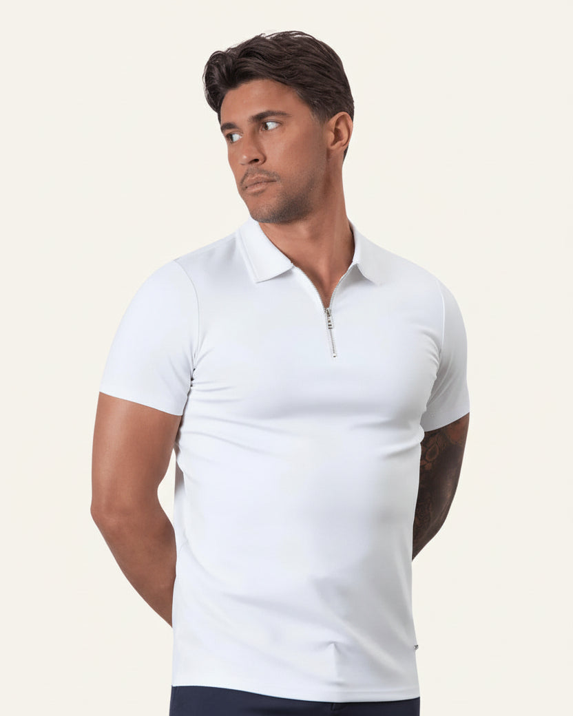 Camisa Polo Masculina Old Money com Meio Zíper Perion Branco