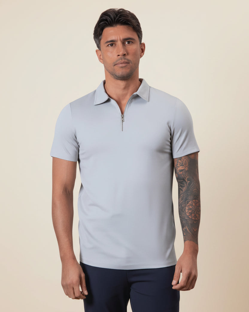 Camisa Polo Masculina Old Money com Meio Zíper Perion Cinza Claro