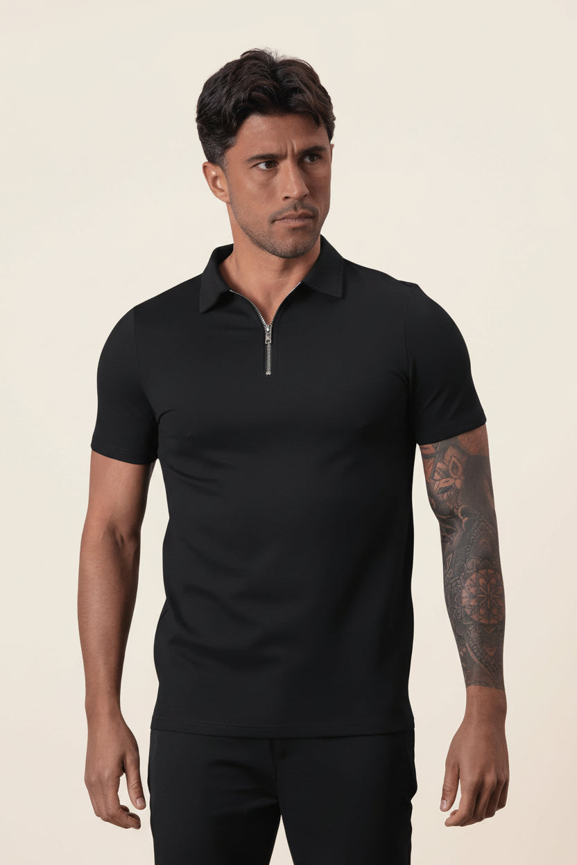 Camisa Polo Masculina Old Money com Meio Zíper Perion Preta