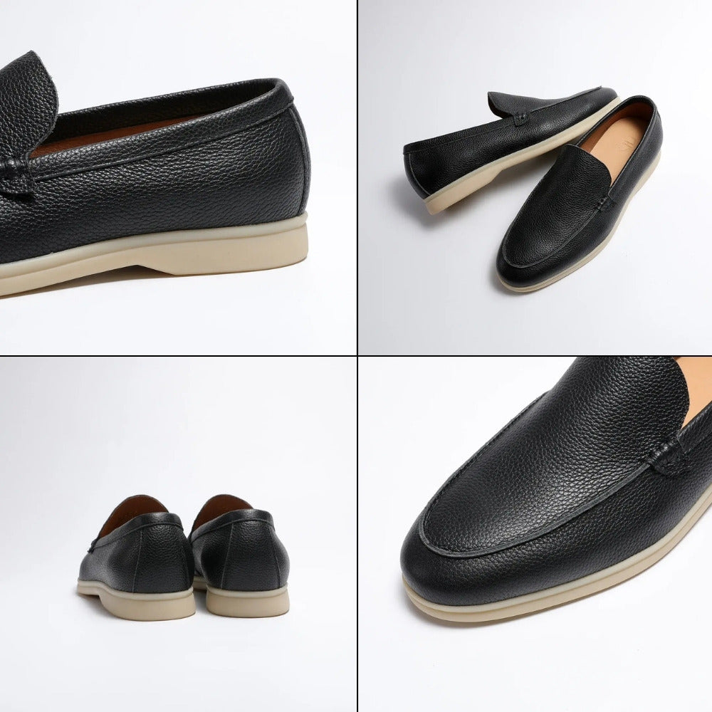 Black cow leather loafer by SanValier, featuring a tonal stitch detail and light-colored sole.