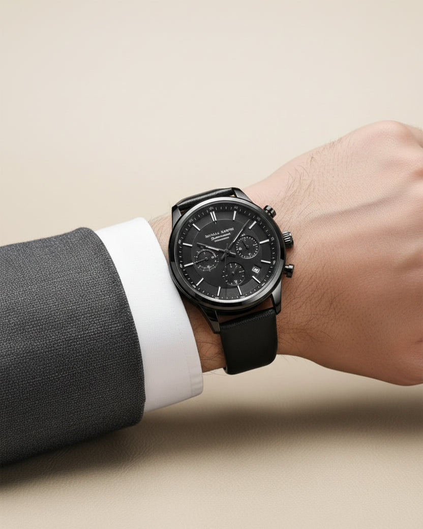 Mens Black Leather Watch - Luxemiro Black
