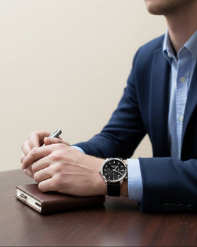 Mens Black Leather Watch - Luxemiro Black Silver