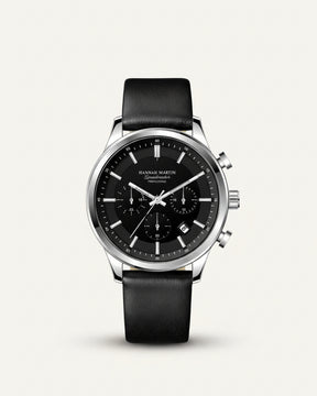 Mens Black Leather Watch - Luxemiro Black Silver
