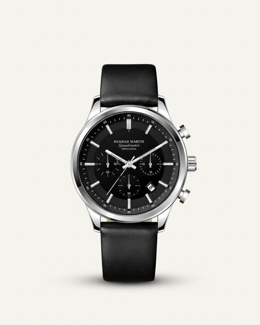 Mens Black Leather Watch - Luxemiro Black Silver