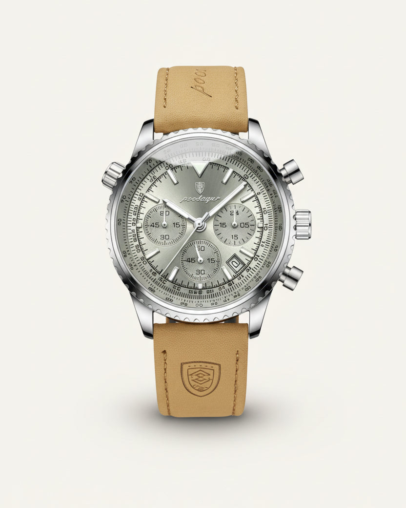 Mens Chronograph Leather Watch - Bellatour Silver