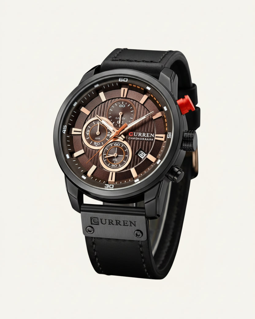 Mens Chronograph Premium Leather Watch - Dominus Black