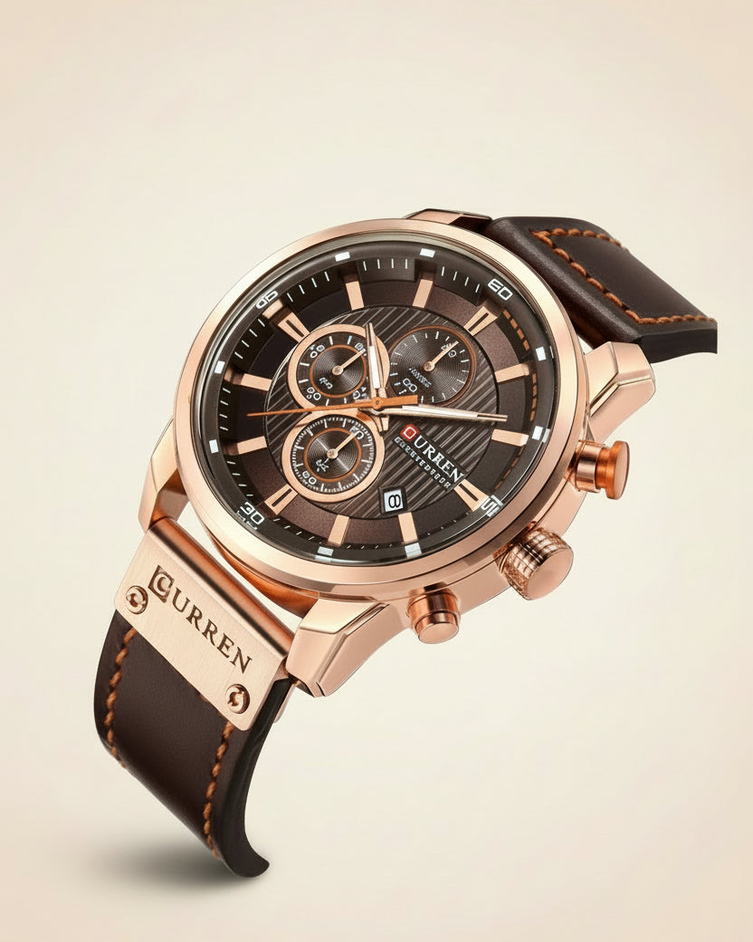 Mens Chronograph Premium Leather Watch - Dominus Rose Gold