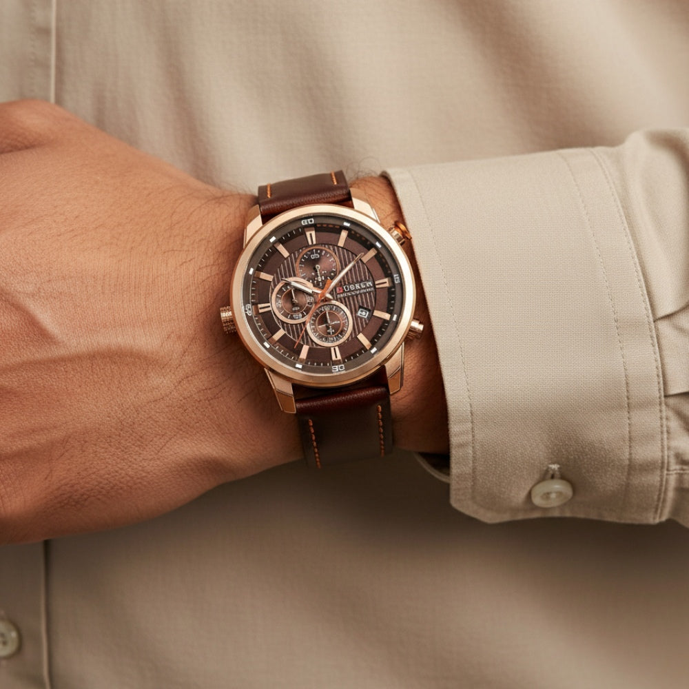 Mens Chronograph Premium Leather Watch - Dominus Rose Gold