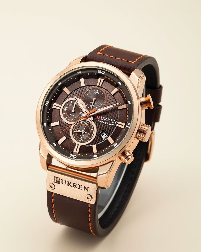 Mens Chronograph Premium Leather Watch - Dominus Rose Gold