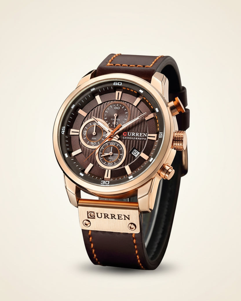 Mens Chronograph Premium Leather Watch - Dominus Rose Gold