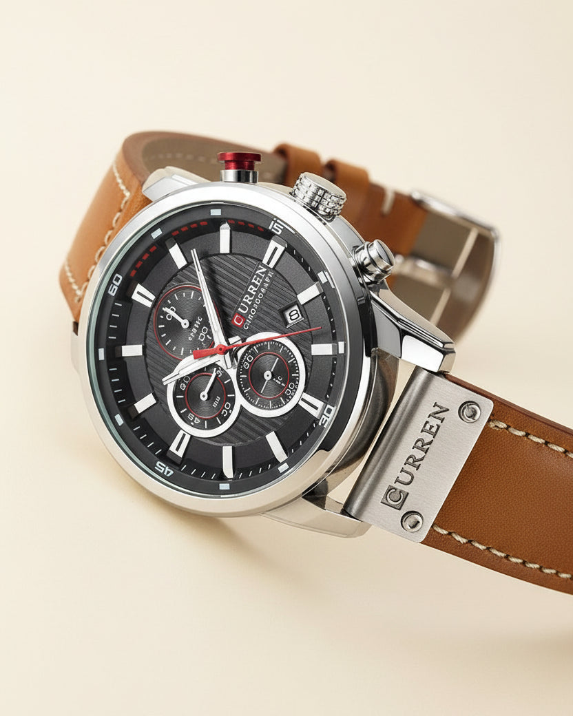 Mens Chronograph Premium Leather Watch - Dominus Silver