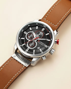Mens Chronograph Premium Leather Watch - Dominus Silver