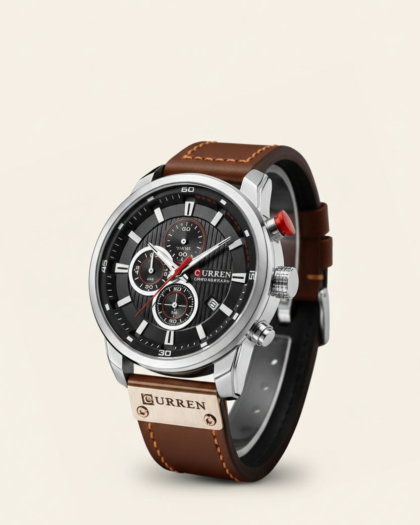 Mens Chronograph Premium Leather Watch - Dominus Silver