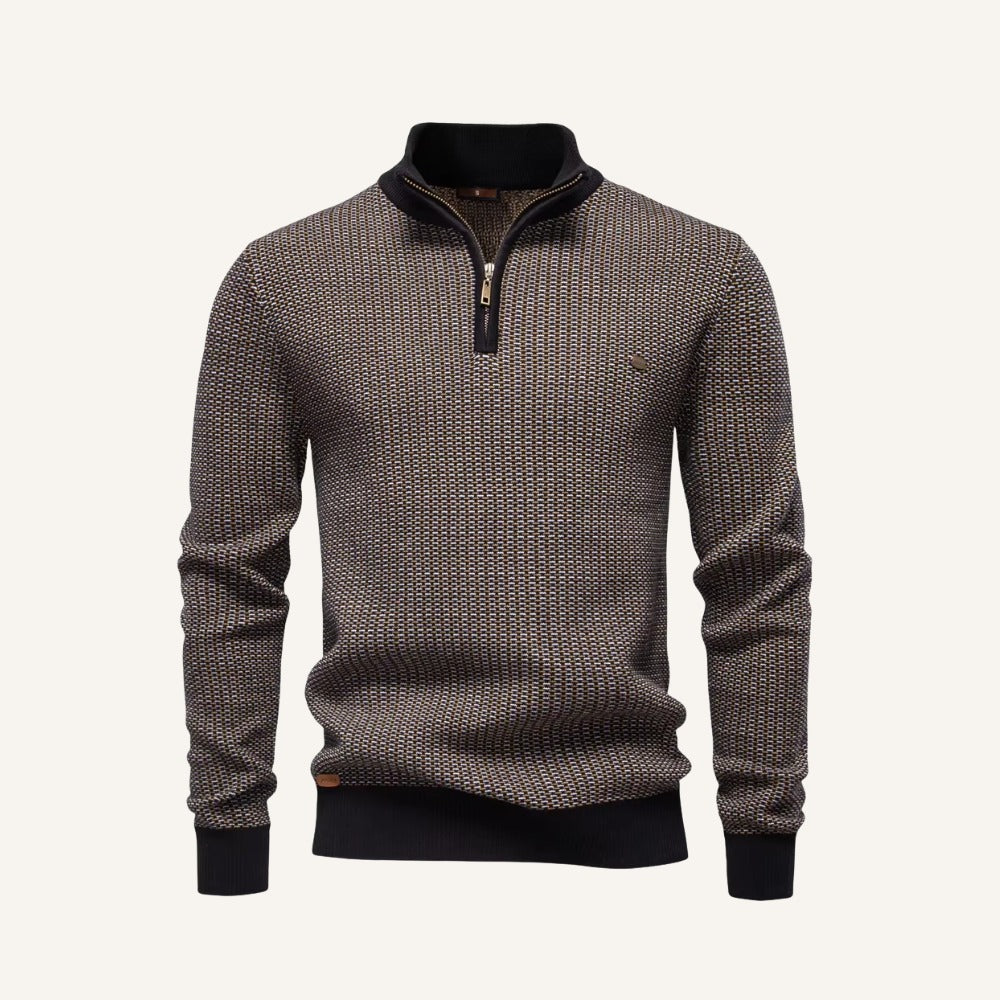 Men’s brown knit sweater by San Valier with a quarter zip and a small embroidered logo.