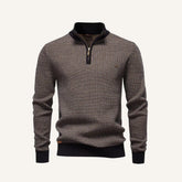 Men’s brown knit sweater by San Valier with a quarter zip and a small embroidered logo.