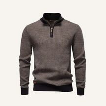 Men’s brown knit sweater by San Valier with a quarter zip and a small embroidered logo.