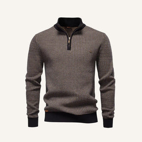 Men’s brown knit sweater by San Valier with a quarter zip and a small embroidered logo.