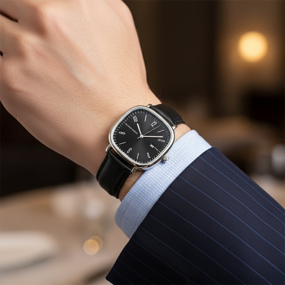 Mens Retro Leather Watch - Outline Black Silver