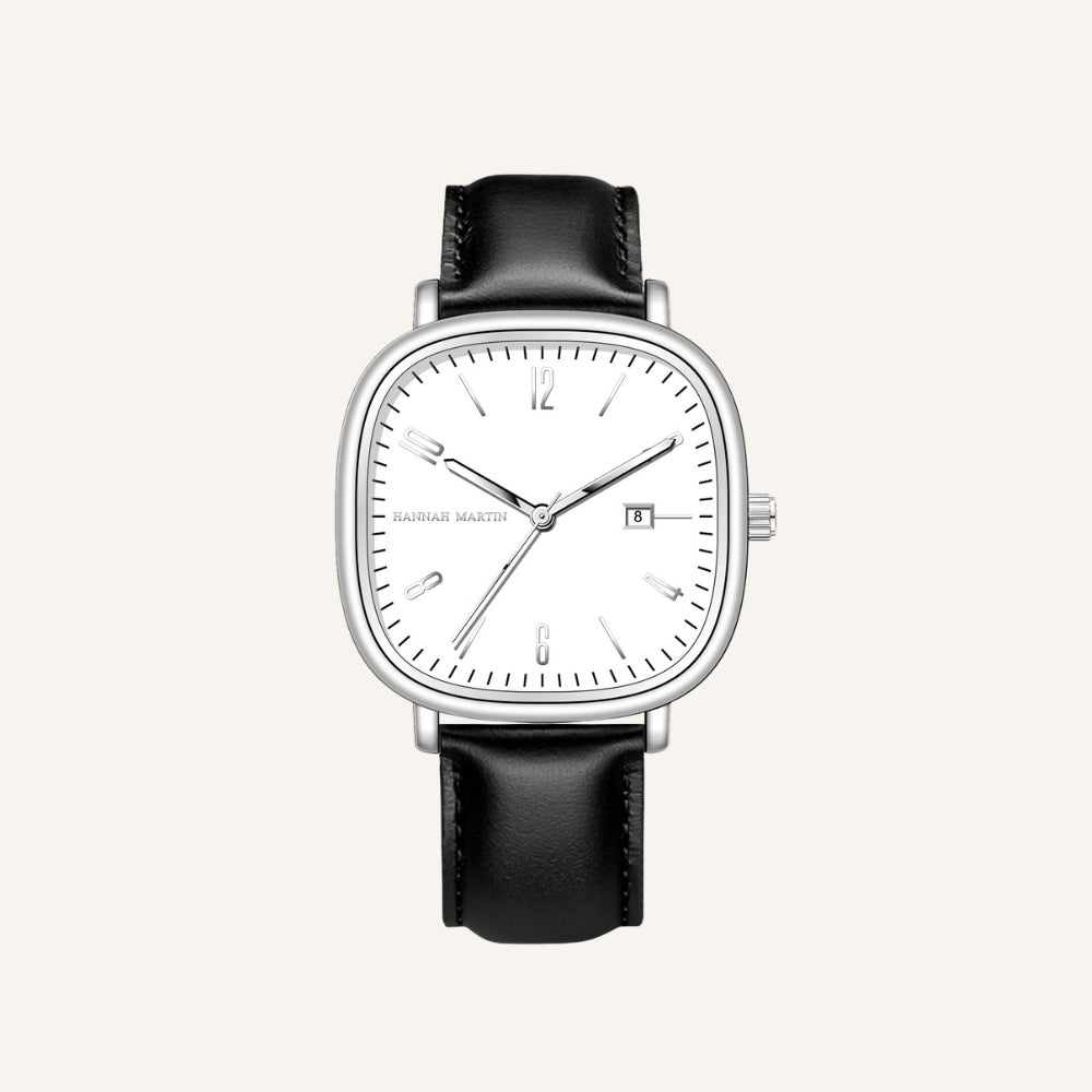 Mens Retro Leather Watch - Outline White