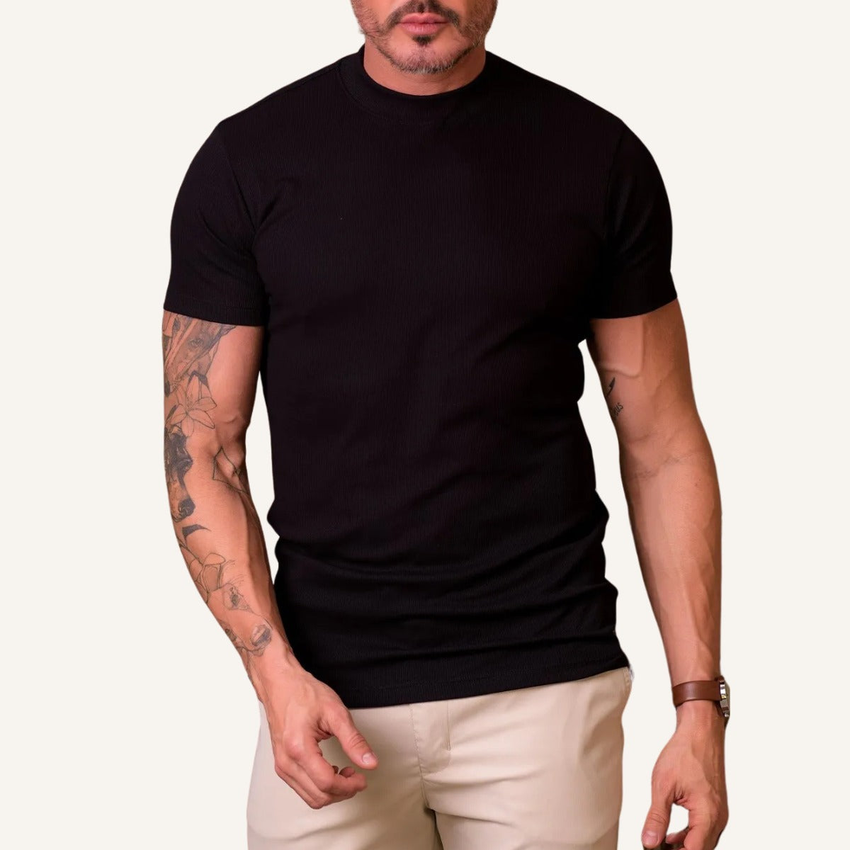 Mens Ribbed High Neck T-Shirt Clarence Black