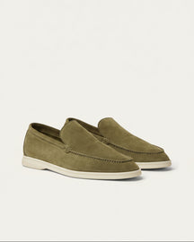 Olive suede loafers by San Valier with a white rubber sole, displayed on a plain background.