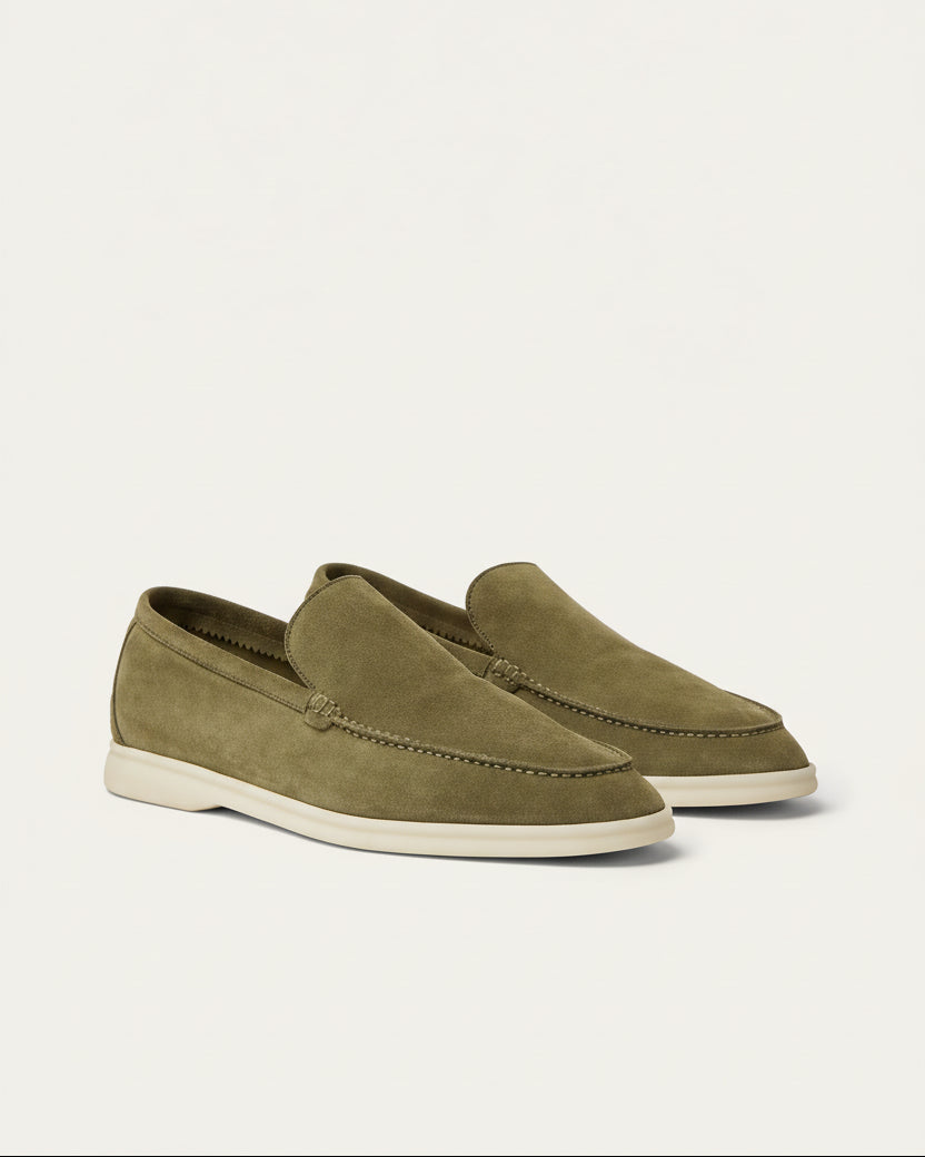 Olive suede loafers by San Valier with a white rubber sole, displayed on a plain background.