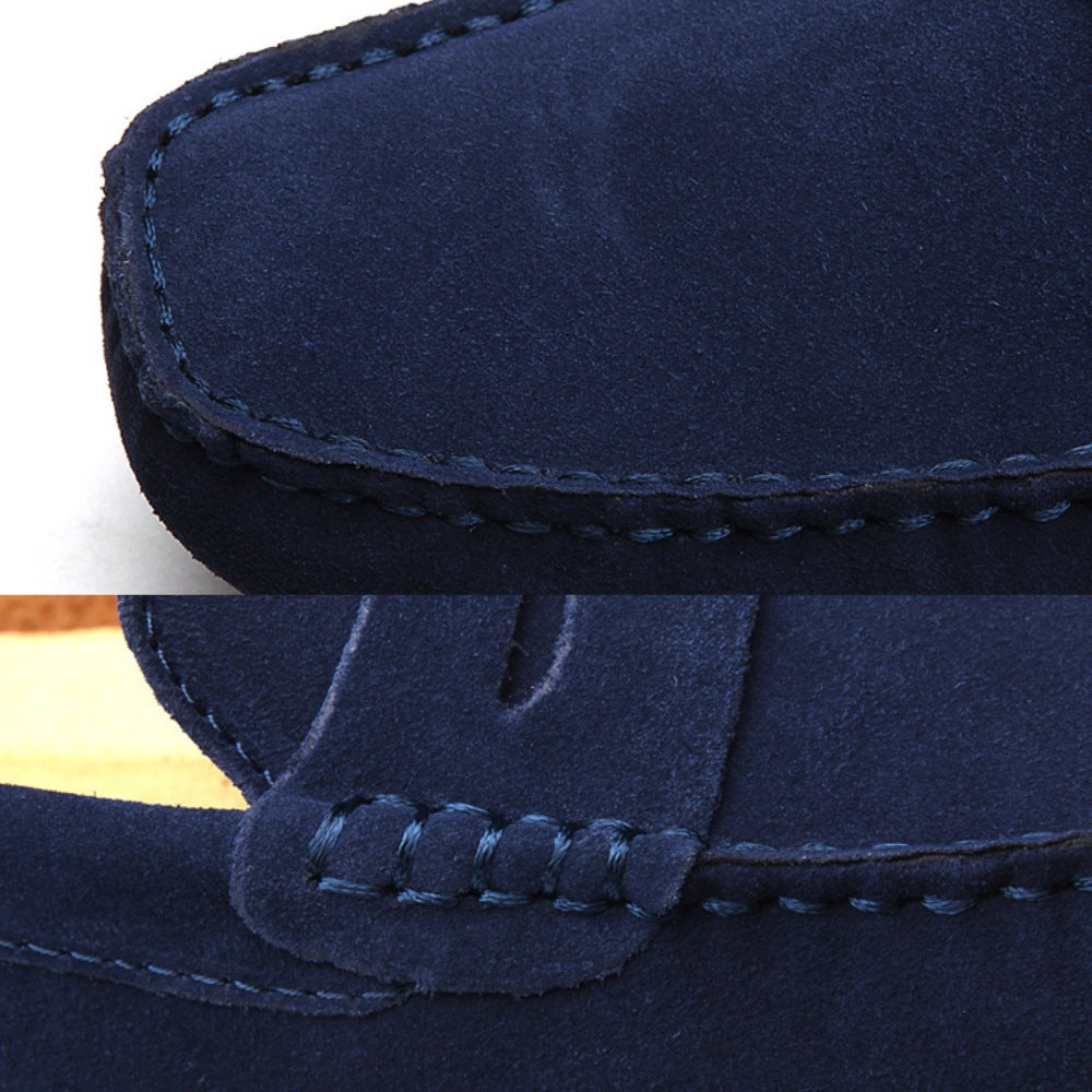 Blue suede driver loafer by SanValier, showing detailed stitching and nubuck leather texture.