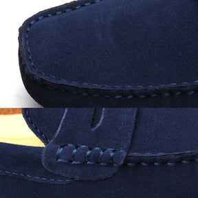 Blue suede driver loafer by SanValier, showing detailed stitching and nubuck leather texture.