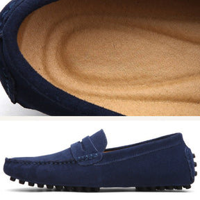 Blue suede driver loafer by SanValier, featuring a comfortable leather insole, showcasing the side profile and texture of the shoe.