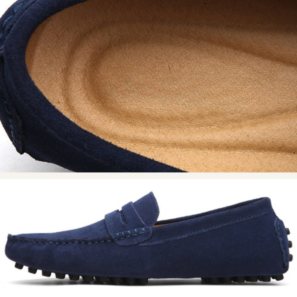 Blue suede driver loafer by SanValier, featuring a comfortable leather insole, showcasing the side profile and texture of the shoe.
