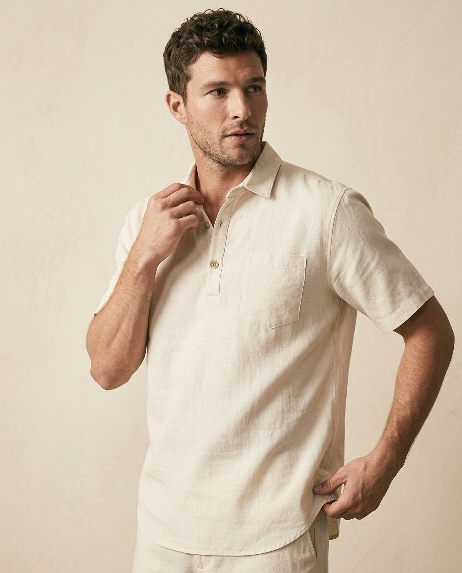 CB Refined Linen Resort Polo - Cream