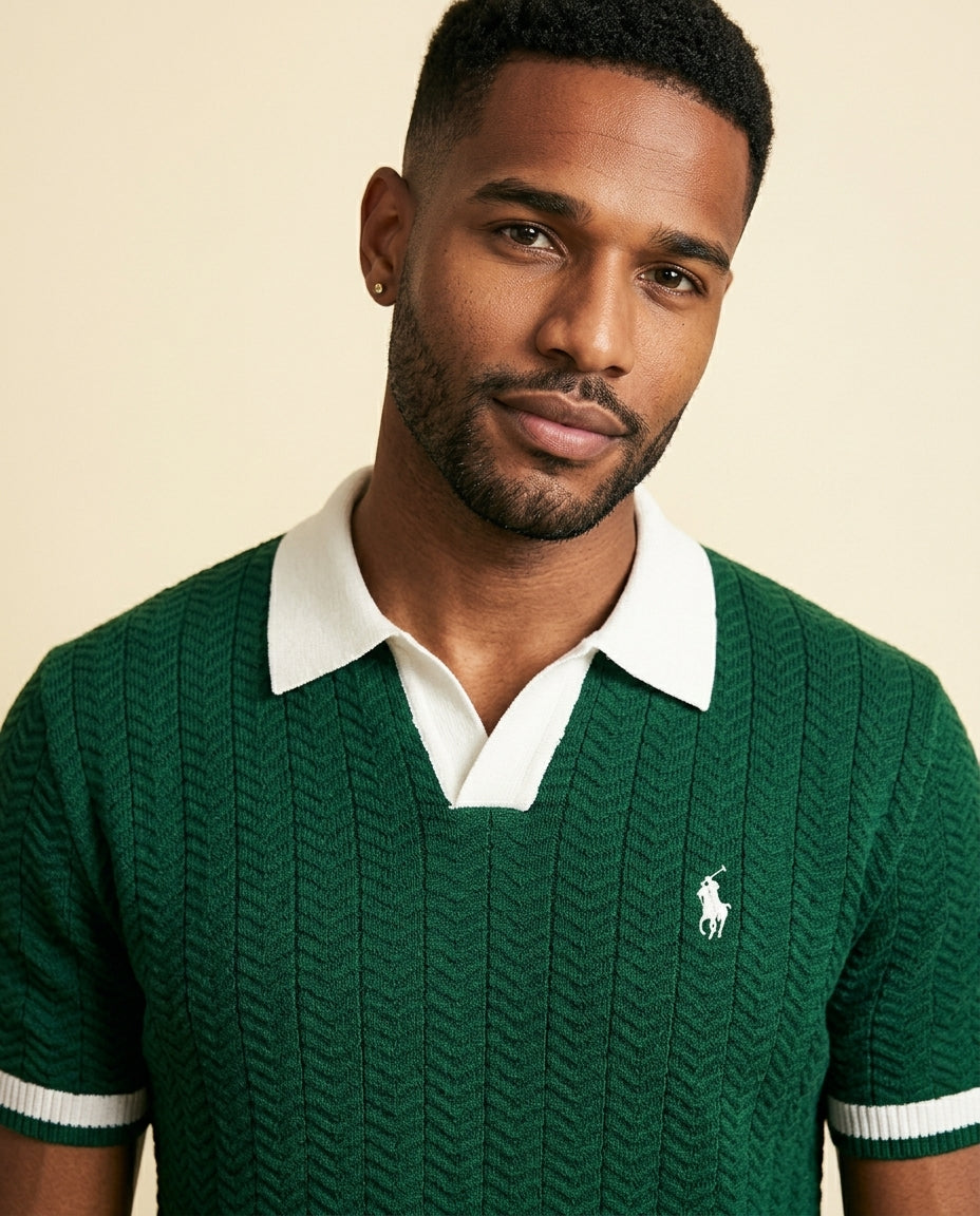 RL Prestige Cable Knit Polo & Shorts Set - Forest Green + White - view 4