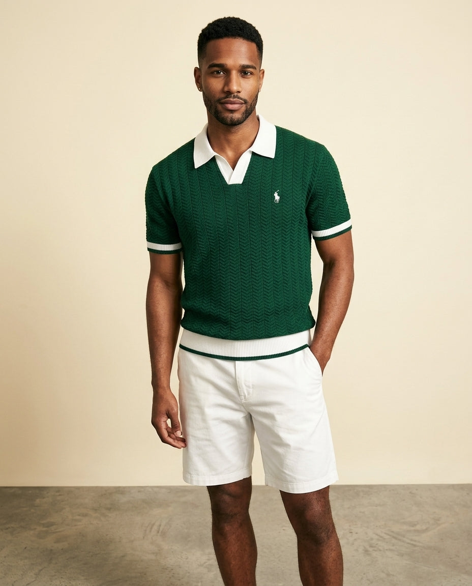 RL Prestige Cable Knit Polo & Shorts Set - Forest Green + White - view 3