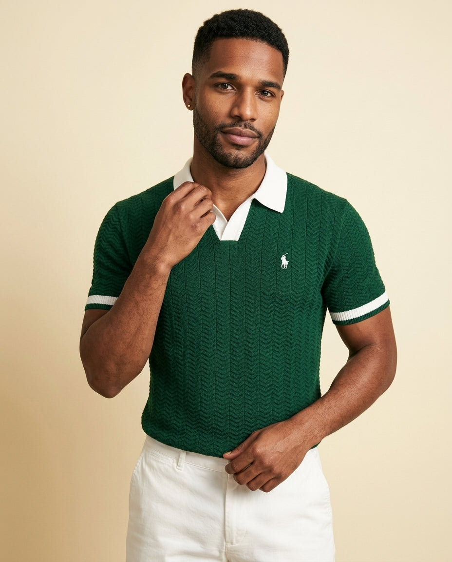 RL Prestige Cable Knit Polo & Shorts Set - Forest Green + White - view 2