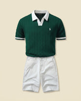 RL Prestige Cable Knit Polo & Shorts Set - Forest Green + White