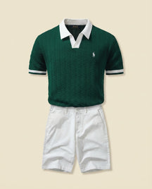 RL Prestige Cable Knit Polo & Shorts Set - Forest Green + White