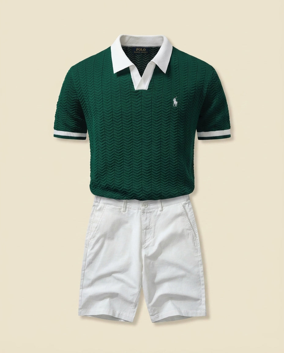 RL Prestige Cable Knit Polo & Shorts Set - Forest Green + White