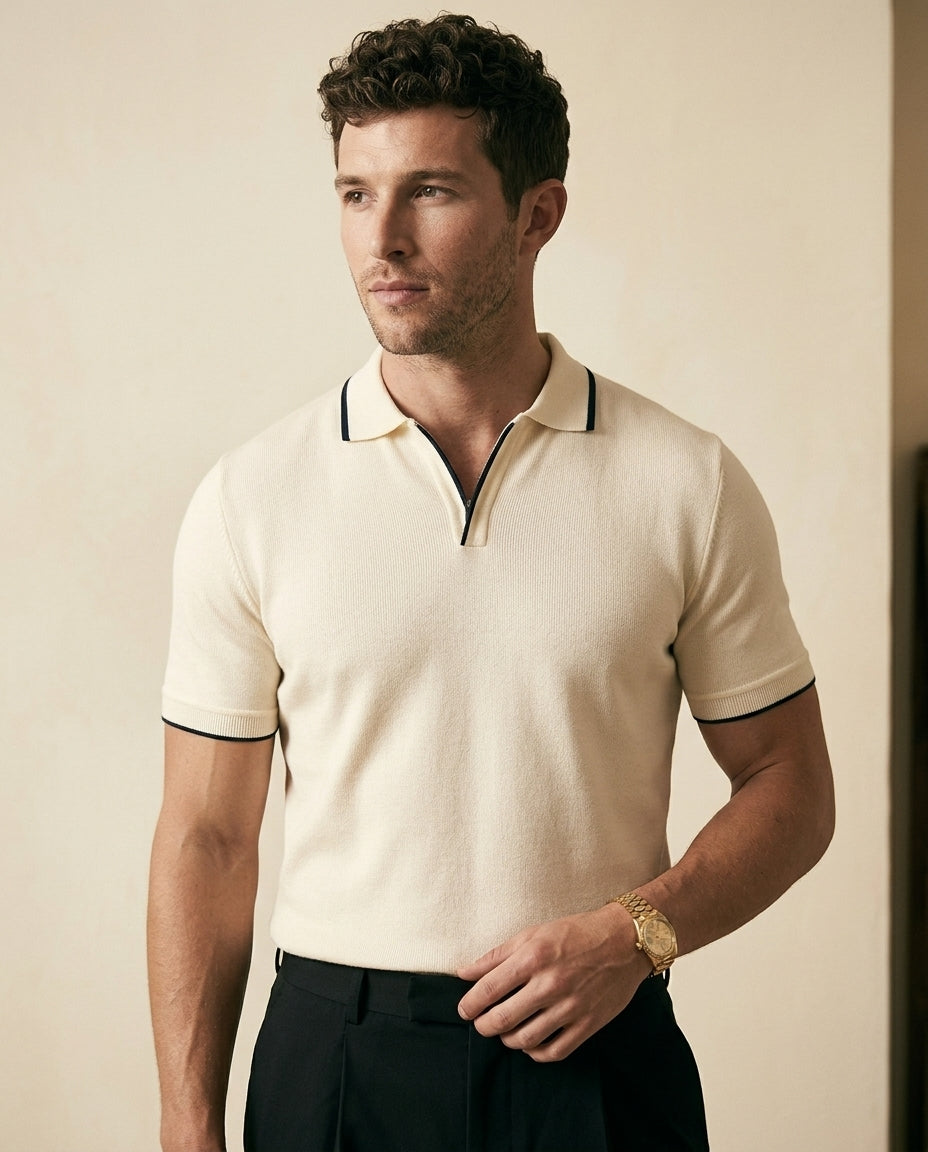 Open Collar Knit Polo Shirt - Cream - view 2