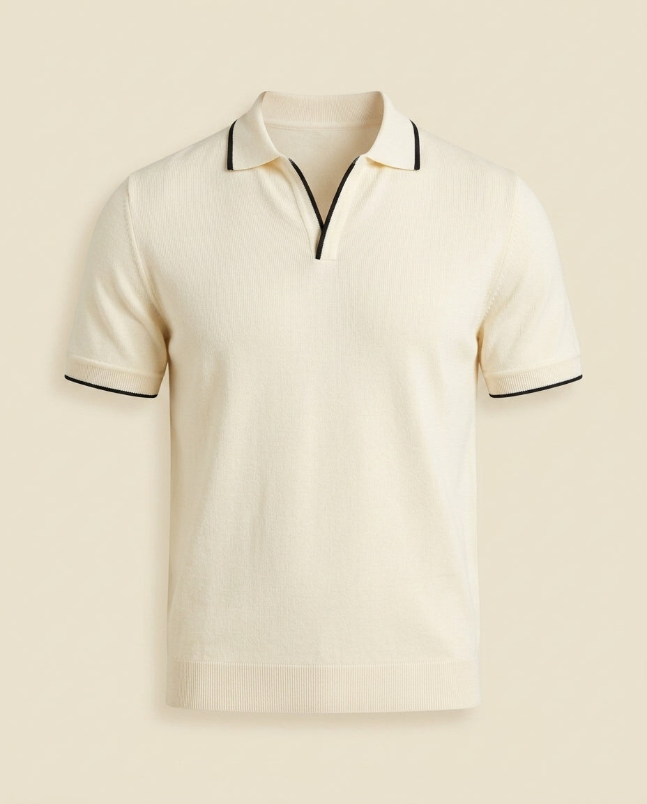 Open Collar Knit Polo Shirt - Cream