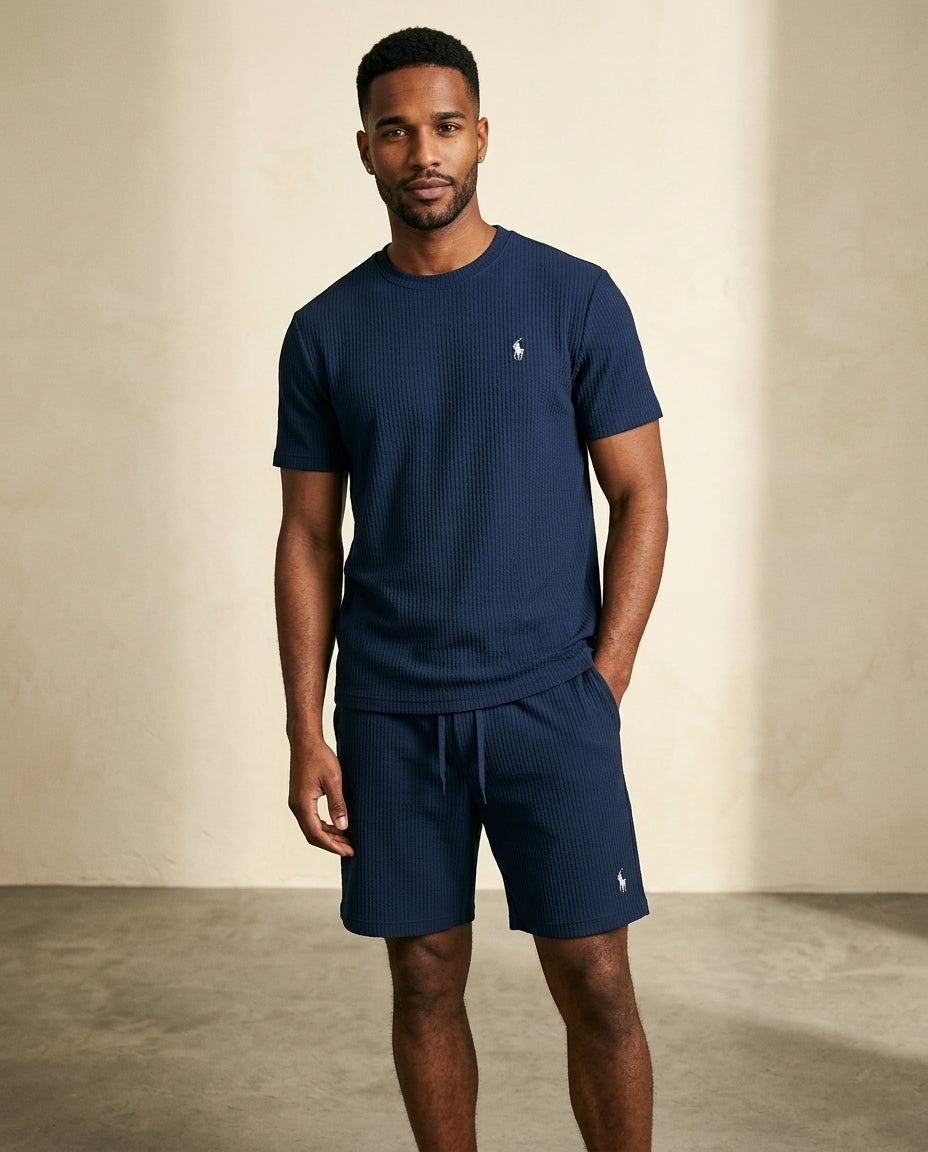 RL Prestige Waffle Tee & Shorts Set - Navy Blue - view 3