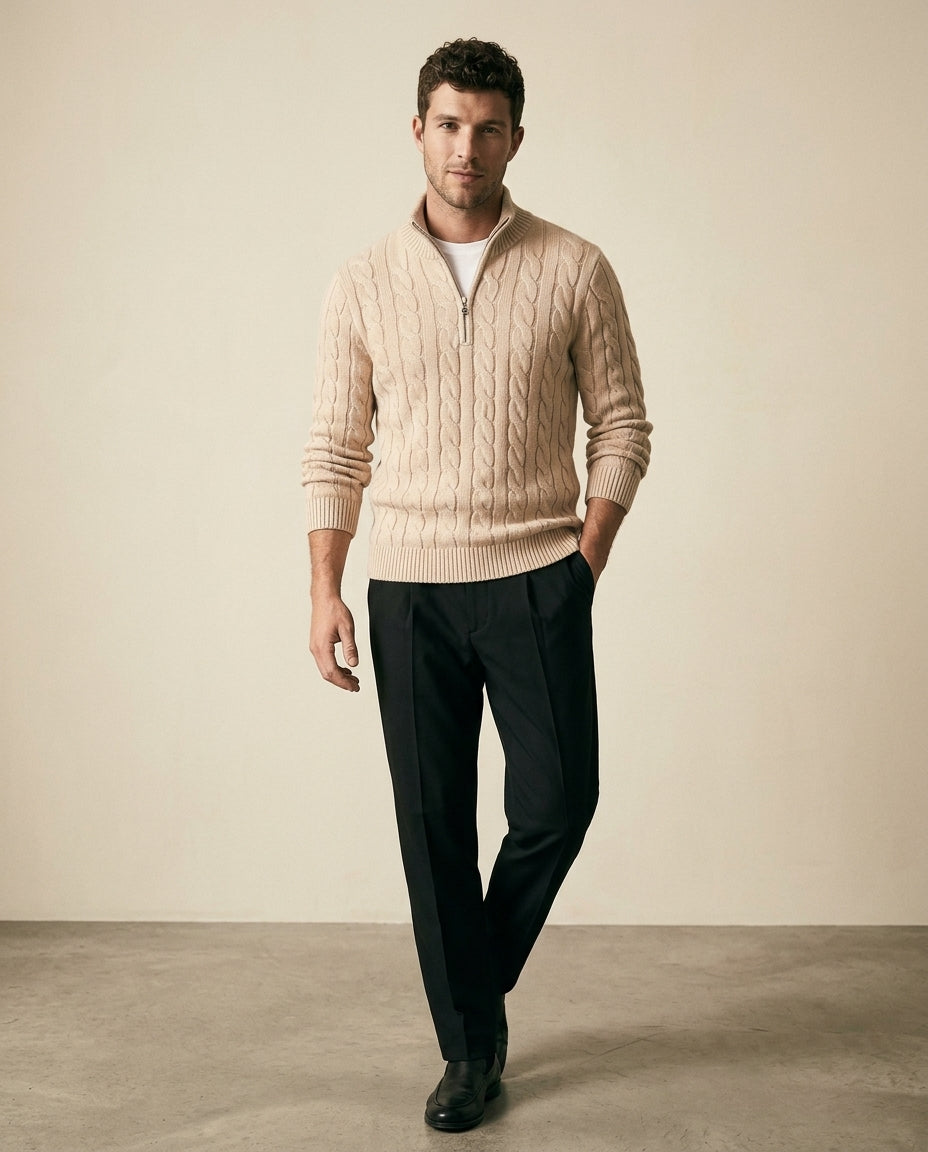 Cable Knit Quarter-Zip & Chino Set - Cream + Black - view 3