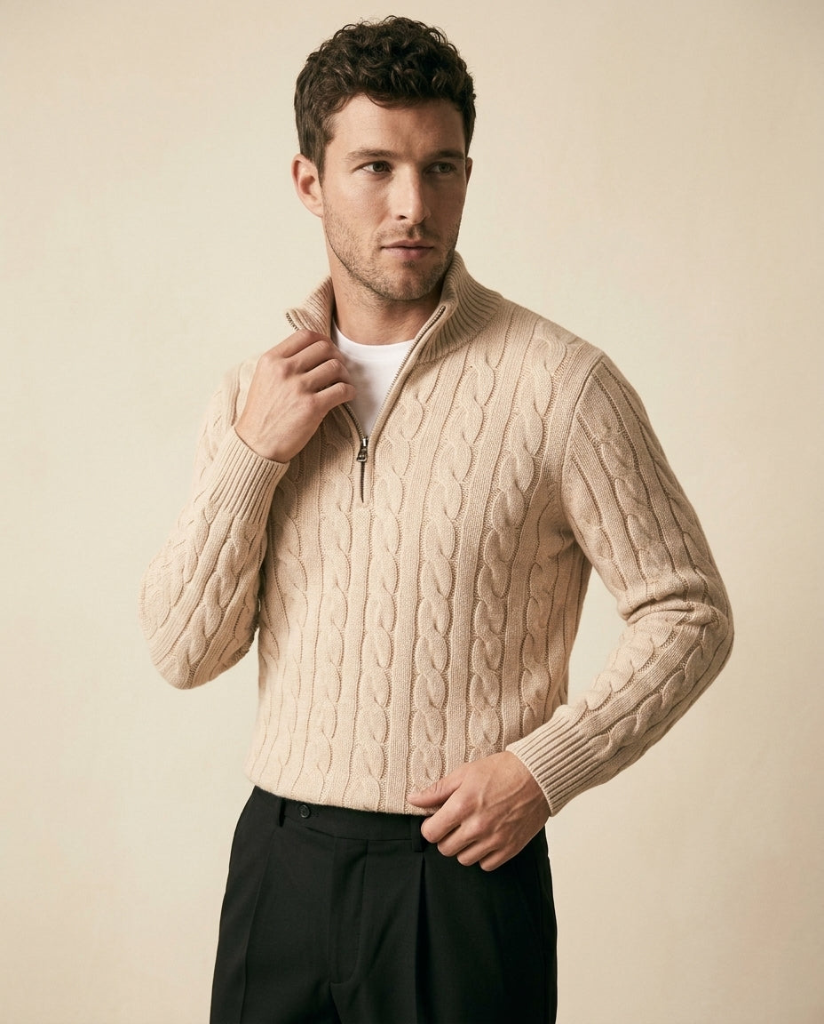 Cable Knit Quarter-Zip & Chino Set - Cream + Black - view 2