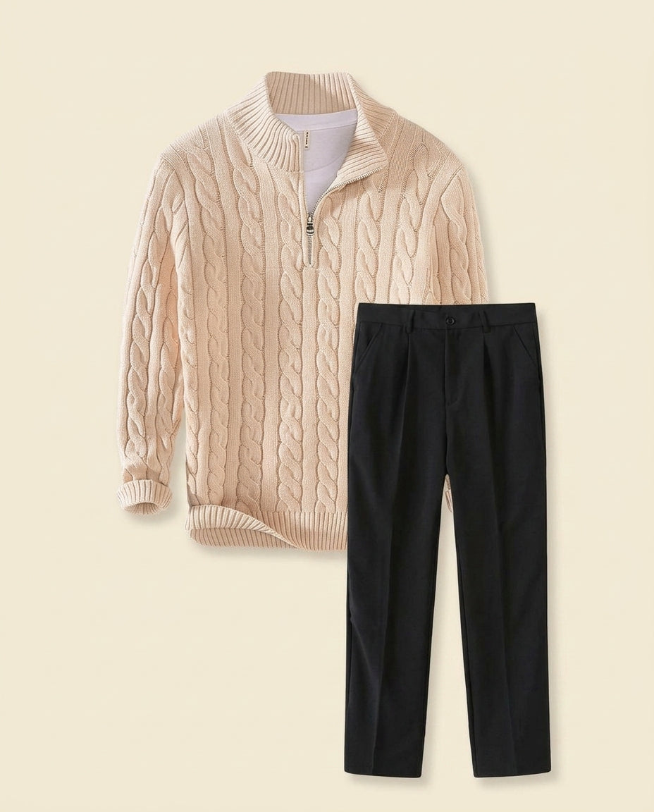 Cable Knit Quarter-Zip & Chino Set - Cream + Black