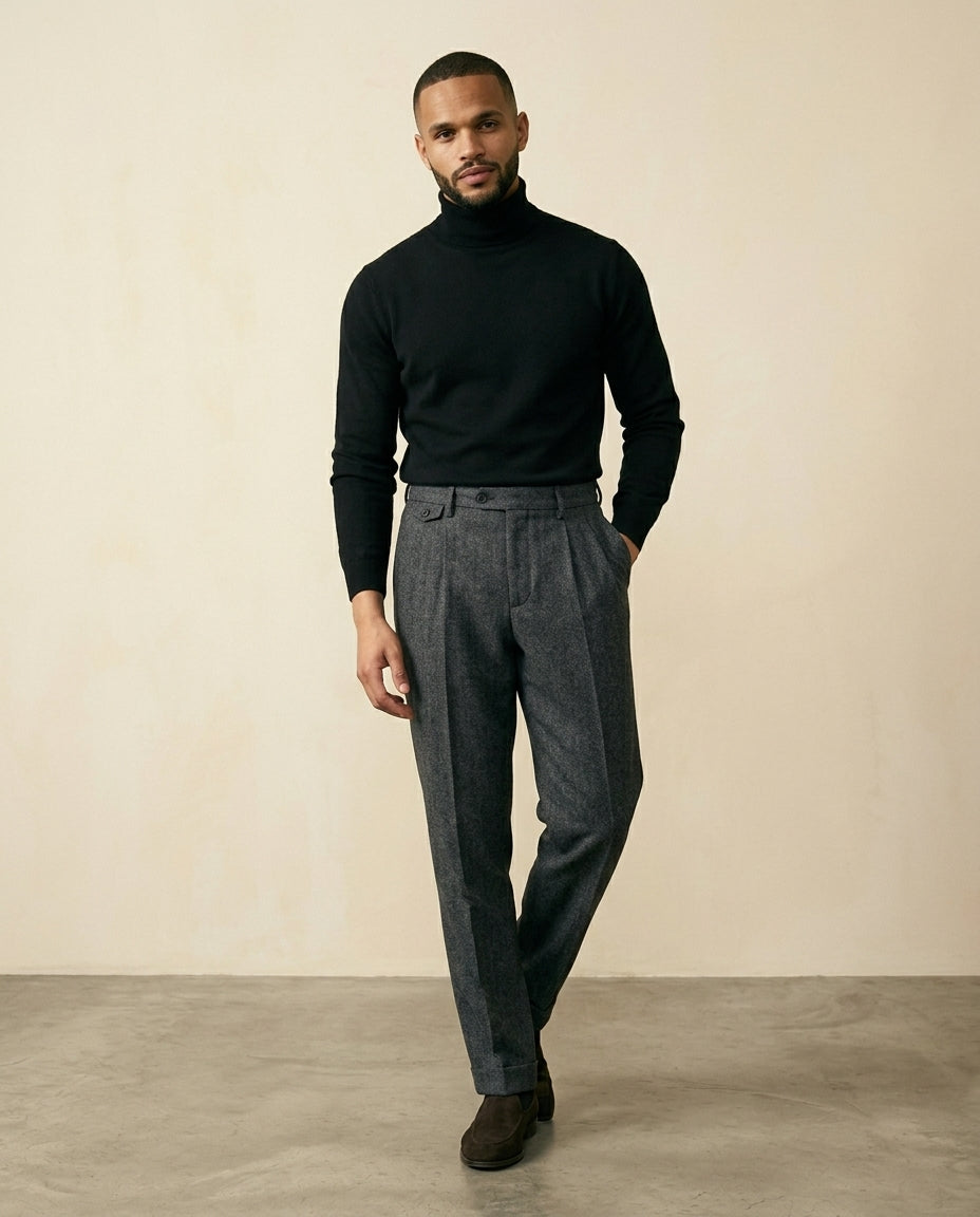 Herringbone Pleated Trouser - Charcoal Herringbone - view 3