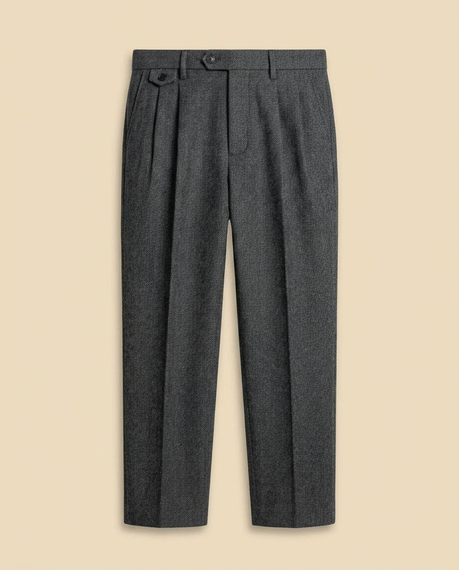 Herringbone Pleated Trouser - Charcoal Herringbone