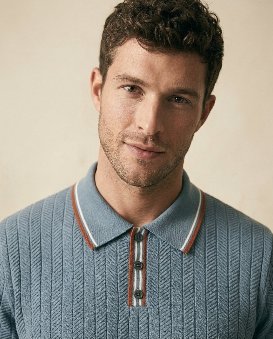 Herringbone Knit Polo Open Collar - Sky Blue - view 4