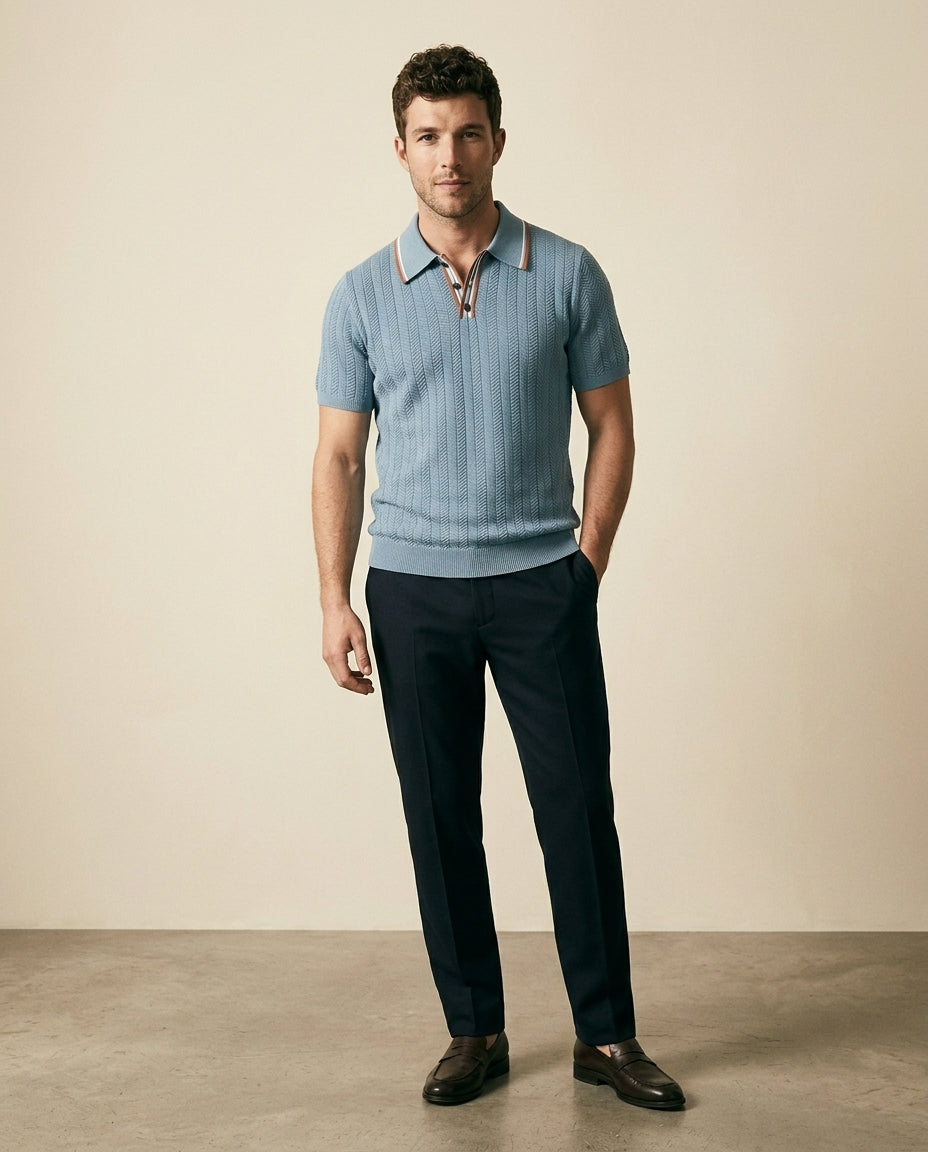 Herringbone Knit Polo Open Collar - Sky Blue - view 3