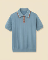 Herringbone Knit Polo Open Collar - Sky Blue