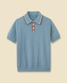 Herringbone Knit Polo Open Collar - Sky Blue