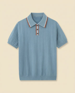 Herringbone Knit Polo Open Collar - Sky Blue